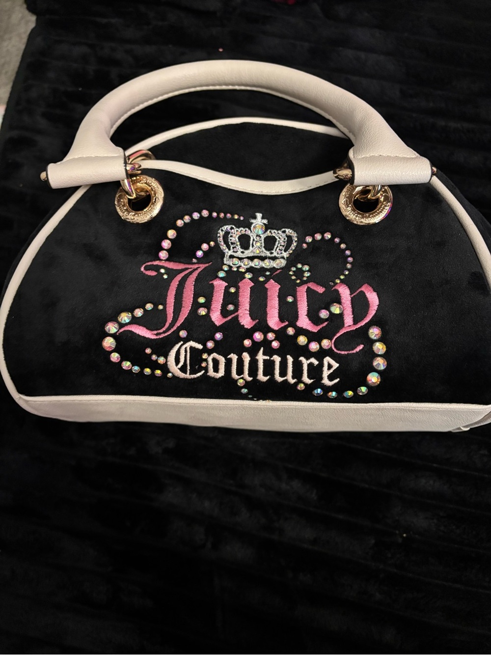 Juicy Couture Black Satchel with White Trim and Pink Logo Embroidery